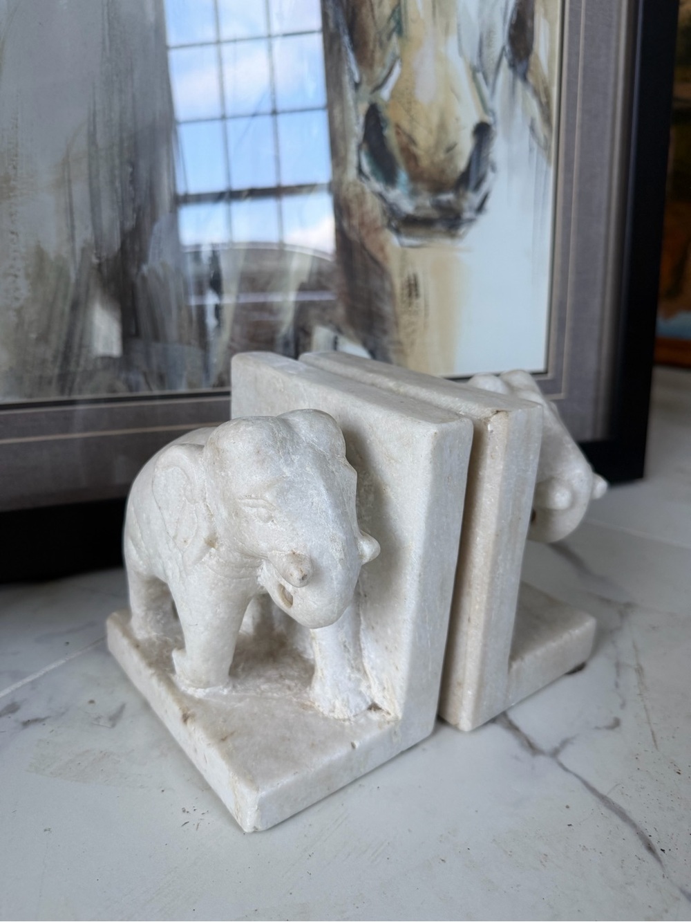 Carved marble White Elephant Bookends - Decorative Home Accent